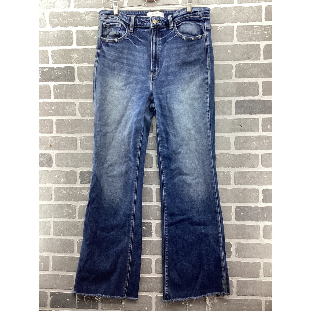 Kancan Signature High Rise Flare Jeans Blue Raw Hem Distressed VBK1540L Size 32